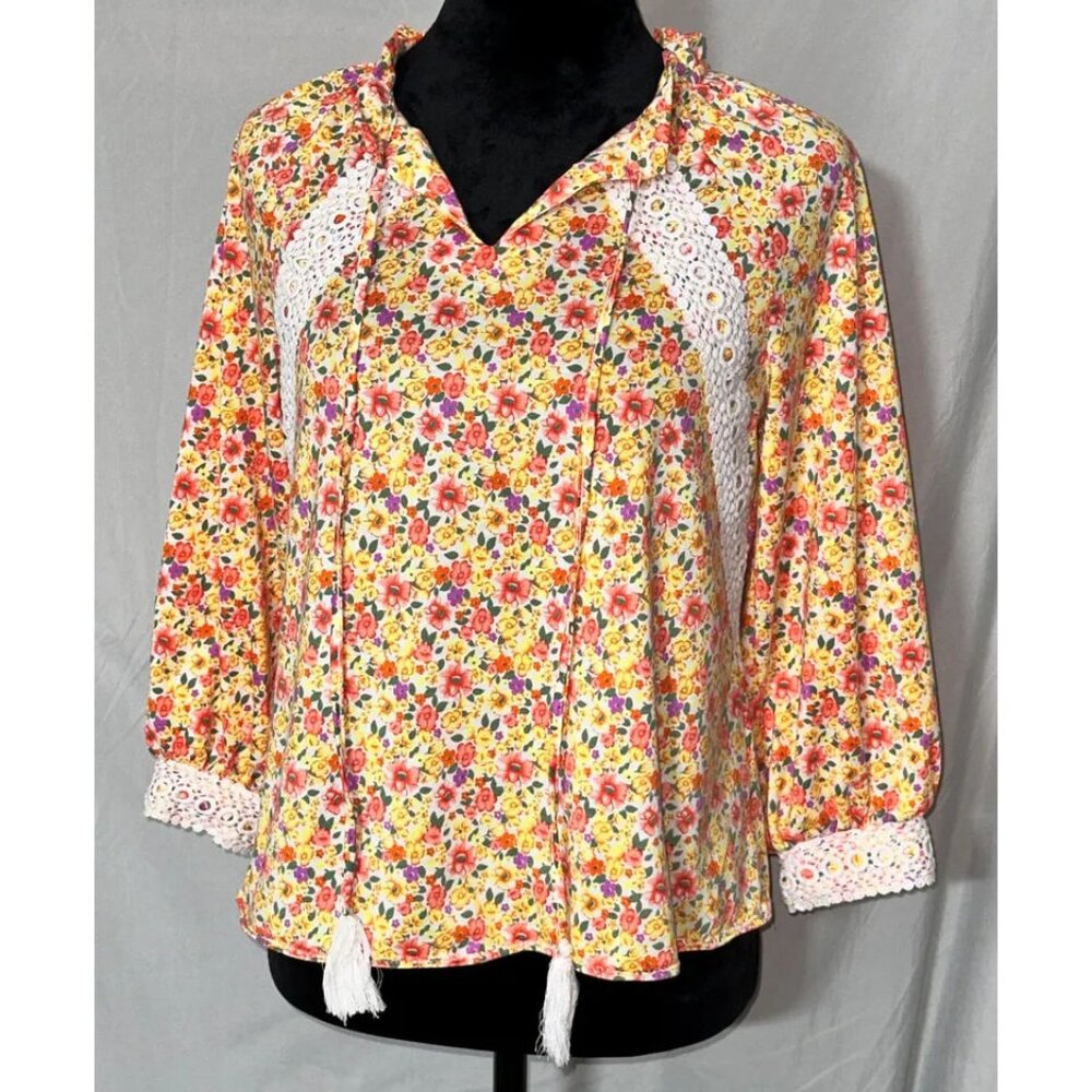 Always Indigo, Yellow and Pink Flowered Hippy Blouse, Size Small